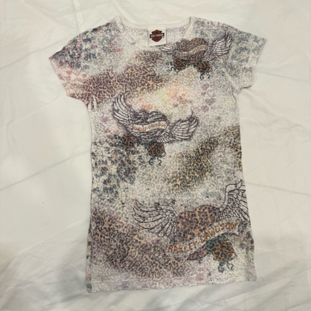 Vintage Harley Davidson Leopard Print Wings T-Shirt Tampa Y2K Grunge Size 14-16
